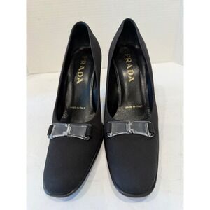 Prada Satin Black Clear Buckle Detail Almond Toe Block Heel Slip On Pumps Sz 6.5